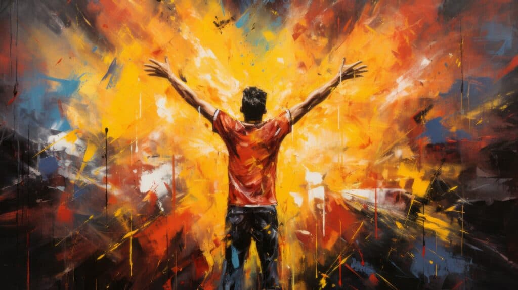 Abstract, colorful painting of a young man with arms outstretched above his head signifying the positive aspects of motivation in addiction recovery.