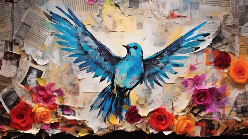 A blue bird on a collage of newspapers and roses in the style of mixed media symbolizing hope and inspiration in addiction recovery.