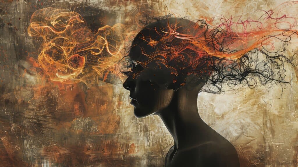 An abstract representation of neuroplasticity. A close up of a woman with twirling shapes around her head.