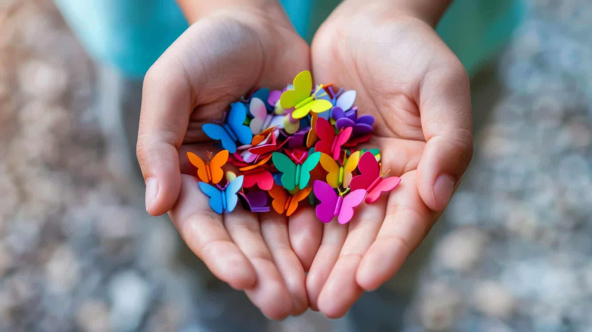 A close up of hands holding colorful, plastic butterflies.