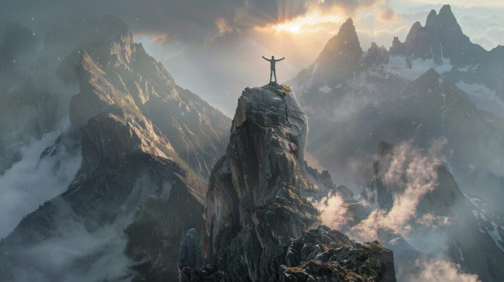 A mountaineer conquers a treacherous peak, standing triumphantly atop the summit with arms outstretched, basking in the golden light of dawn. Symbolizes overcoming addiction.