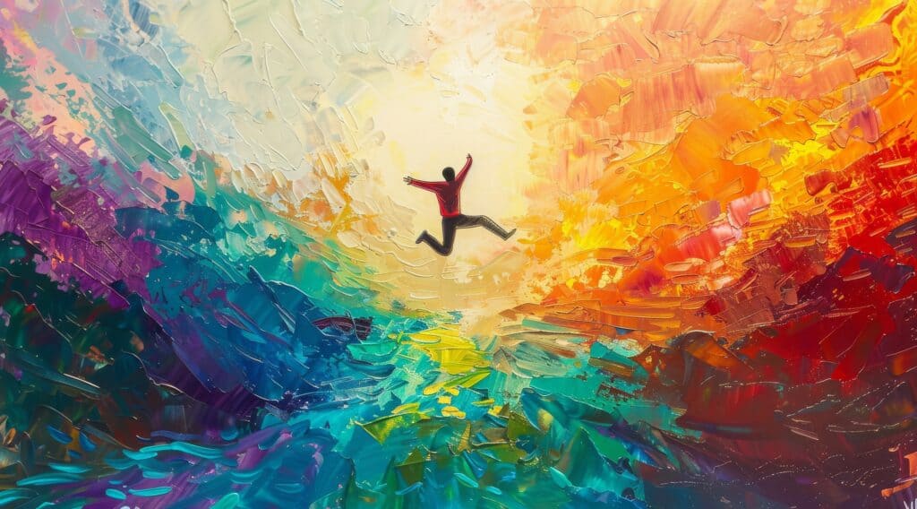 A painting featuring a joyful man jumping across a colorful river in the style of vibrant colorful impasto. Symbolizes reimaging life in addiction recovery.