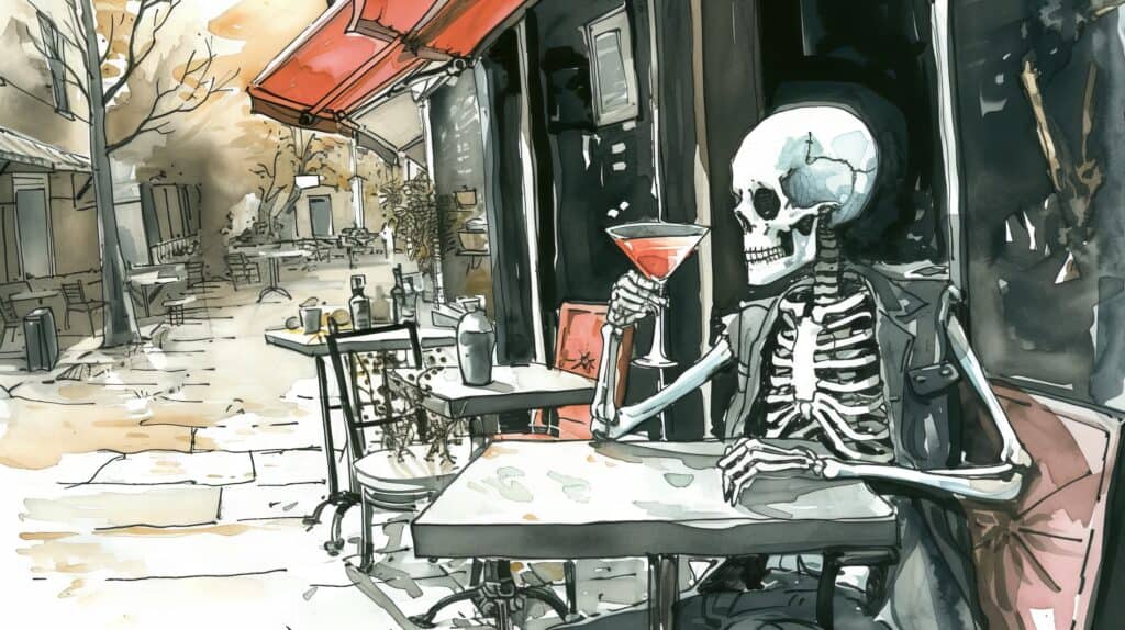 Watercolor style illustration of a skeleton drinking a martini.