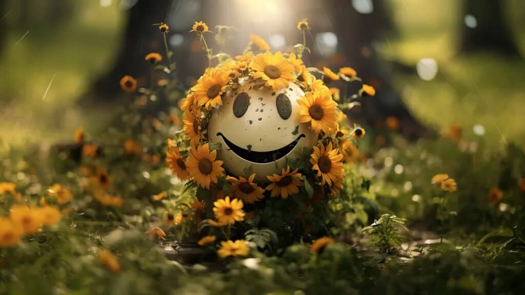 A grunge style smiley face surrounded by yellow flowers symbolizing life reimagined in addiction recovery.
