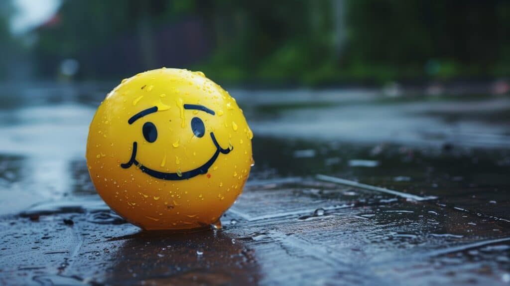 A yellow smiley face in the rain sitting on a rainy road symbolizing the transition to health benefits in addiction recovery.