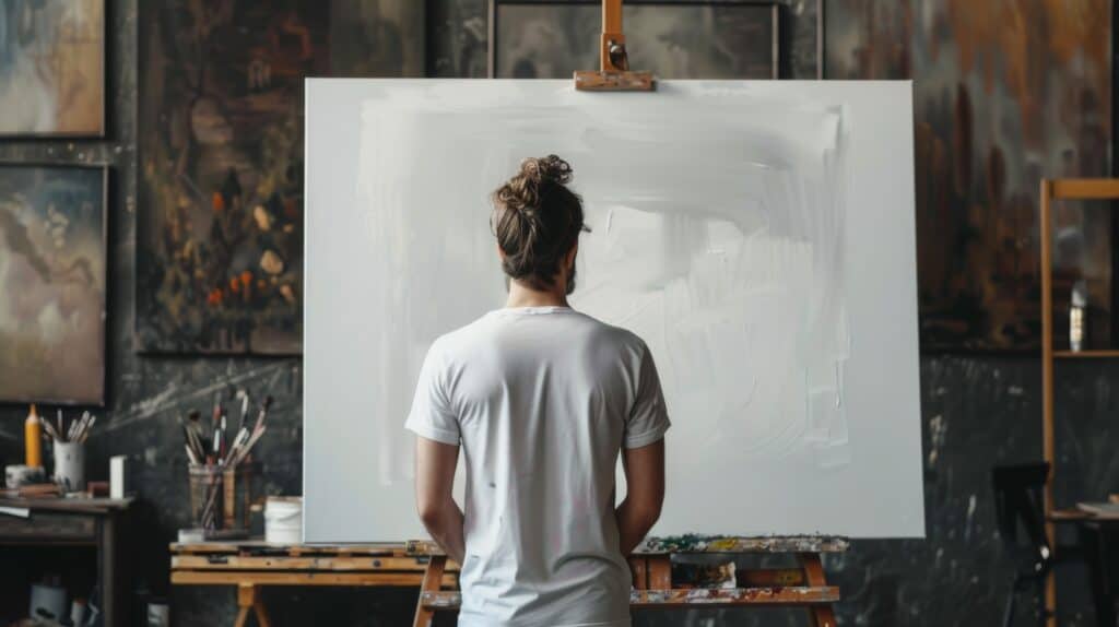A young artist in his studio stands in front of a blank canvas symbolizing recovery as a blank canvas.
