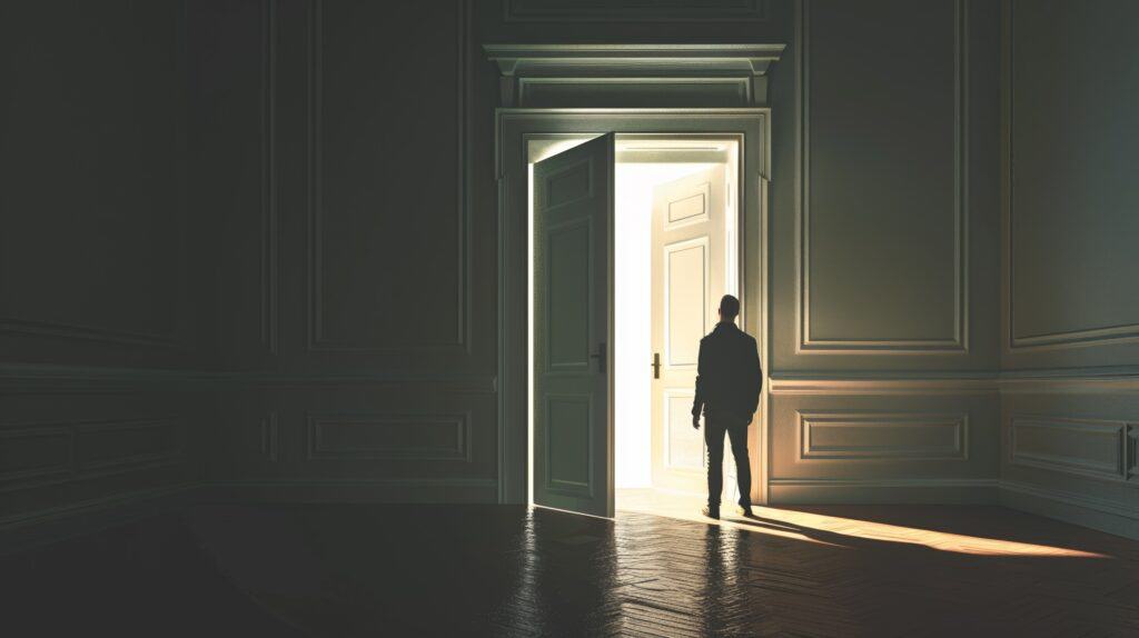 A man stand in an open doorway. The room he is in is dark. The other side of the door is brightly lit representing the light of a life in recovery.