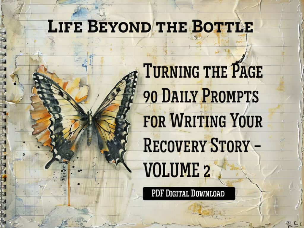 Turning the Page: 90 Daily Prompts for Writing Your Recovery Story - Volume 2 journal cover. Butterfly on tattered notebook paper.
