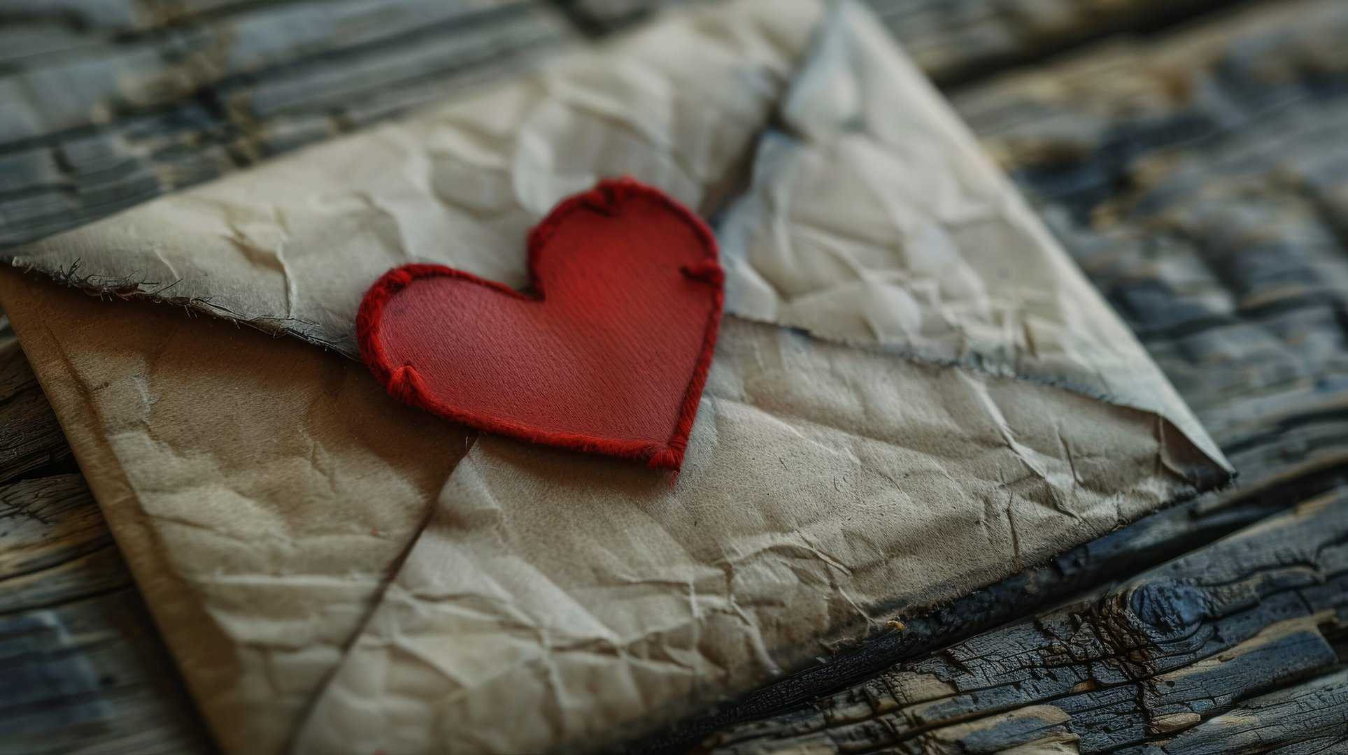 A closeup of a crumpled, unopened envelope with a red heart as the seal.