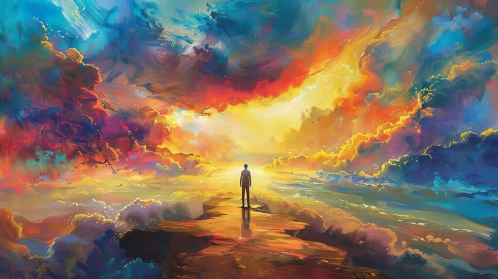 A man stands at the edge of magical world. The sky is filled with colorful clouds and shapes. The sun is visible on the horizon. Symbolizes taking the next steps in your recovery journey.