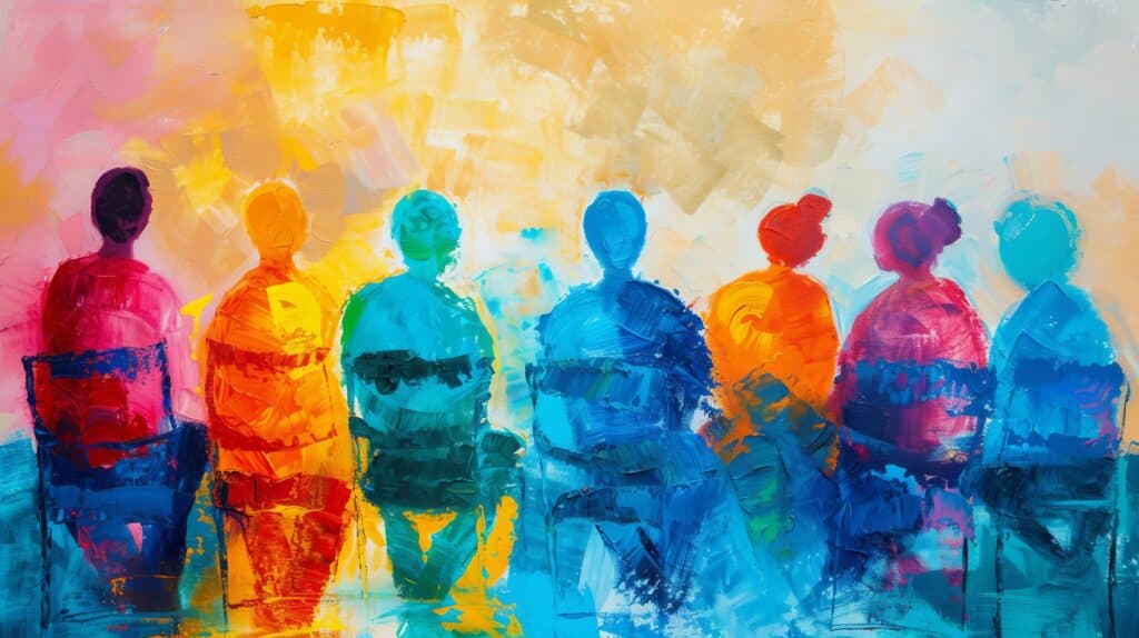 An abstract, colorful painting of a group of people sitting in chairs.