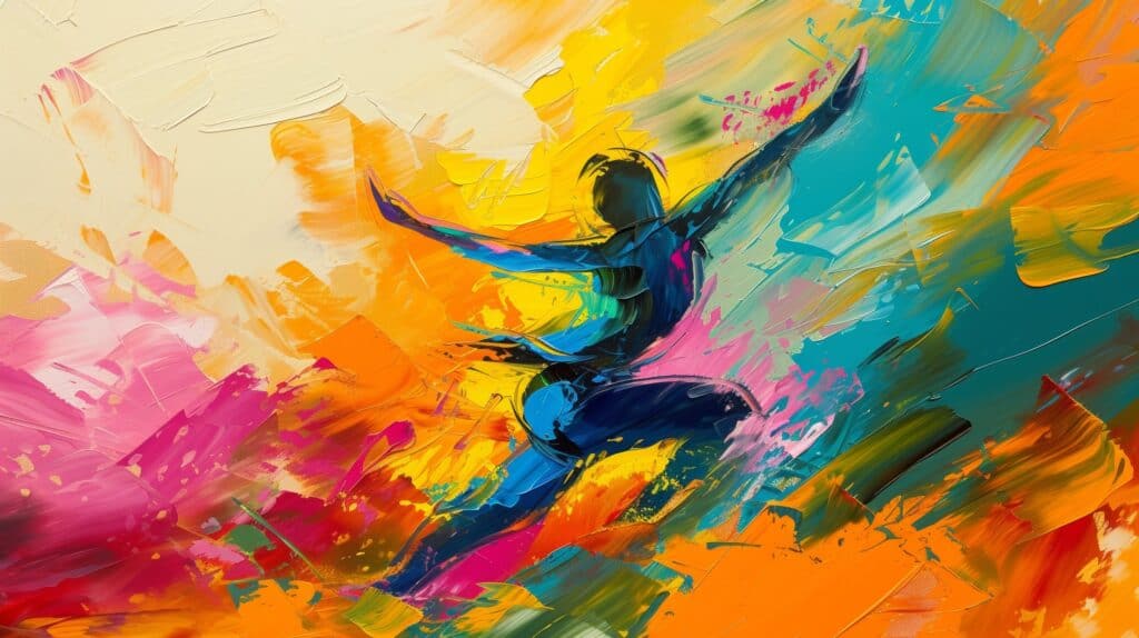 An abstract painting with colorful, bold brushstrokes of a woman exercising.