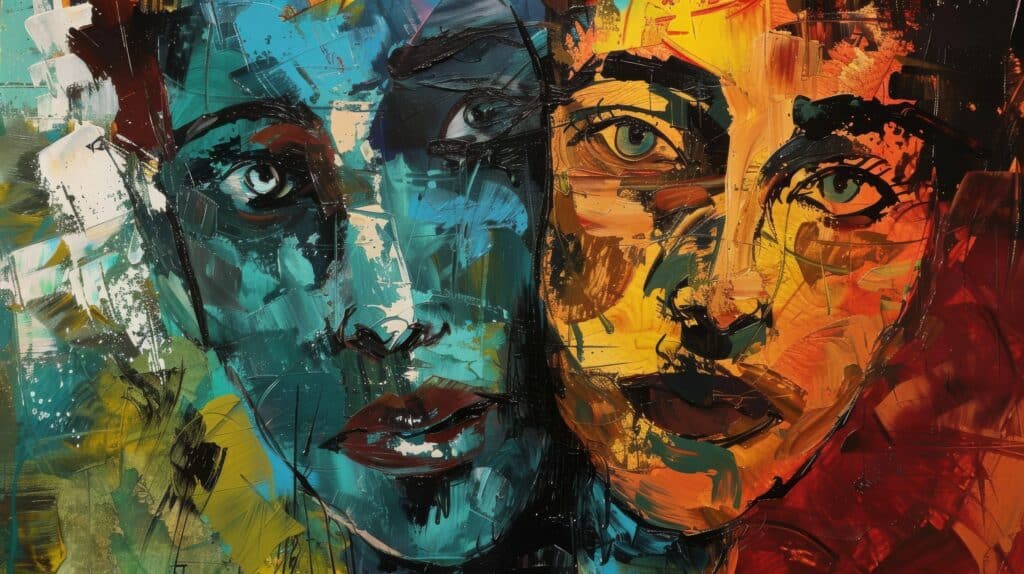 Abstract, colorful painting of two women's faces next to each other. Symbolizes repairing relationships in addiction recovery.