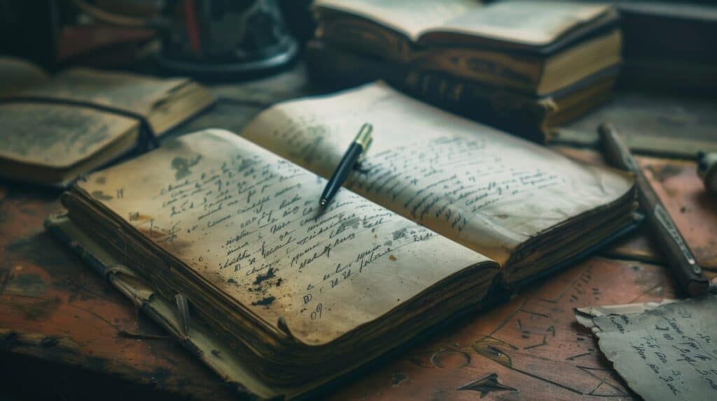 A old, tattered journal is open with a pen on top of it. It is laying on a well-worn desk.