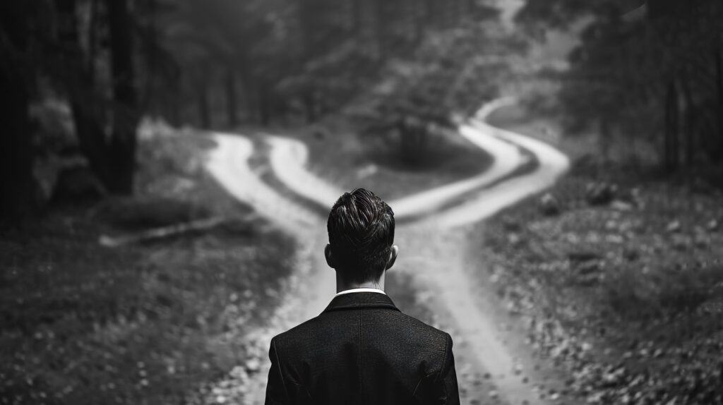 A black and white image of the rear view of a young man's torso and head. He is standing on a dirt road in forest contemplating the split in the road ahead. Symbolizes taking a different path in addiction recovery from the traditional 12-step approach.
