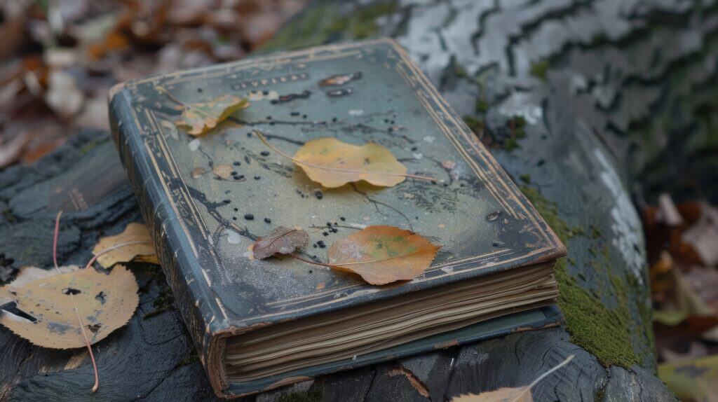 A closed journal that is worn and tattered with a few leaves on top.