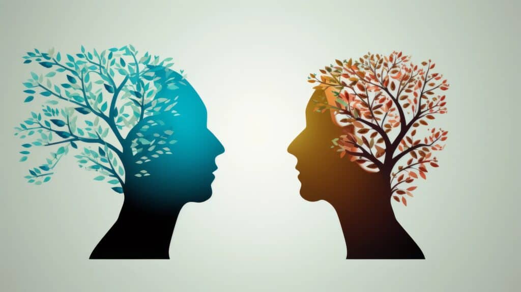 Two heads facing each other are outlined with trees sprouting from the back of their head. Symbolizes growth vs fixed mindset in recovery.