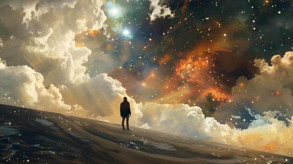 A fantastical image of a man standing looking out at the cosmos.