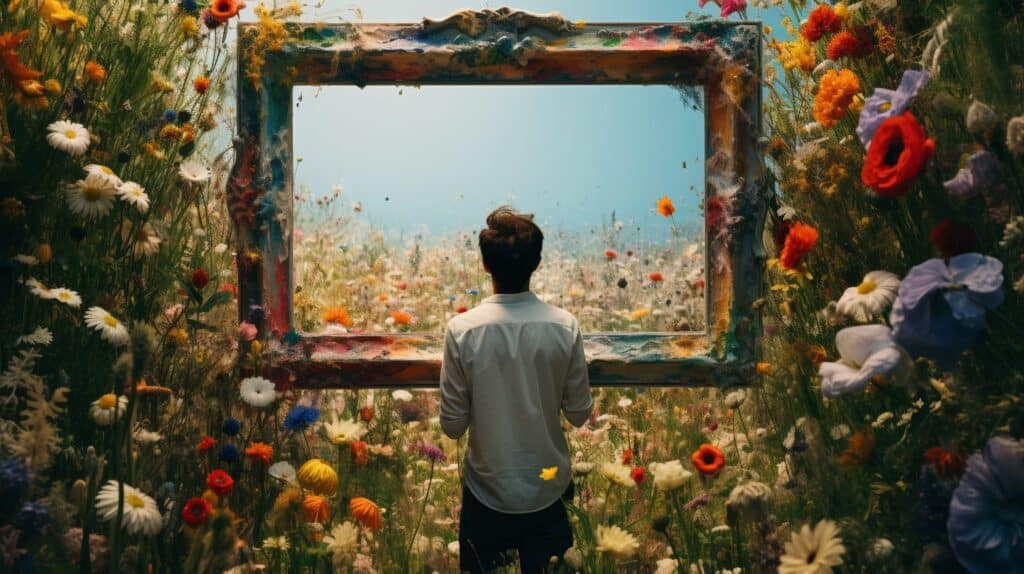 A painting of a man in a field of flowers looking through a giant picture frame representing reframing in addiction recovery.