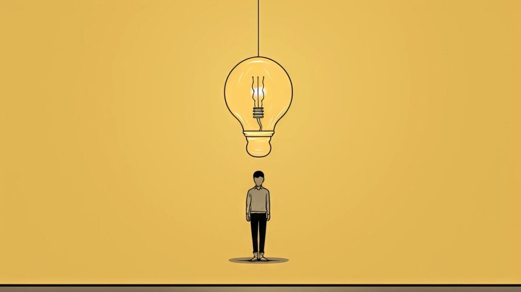 A minimalist image of a man standing with lightbulb above his head.