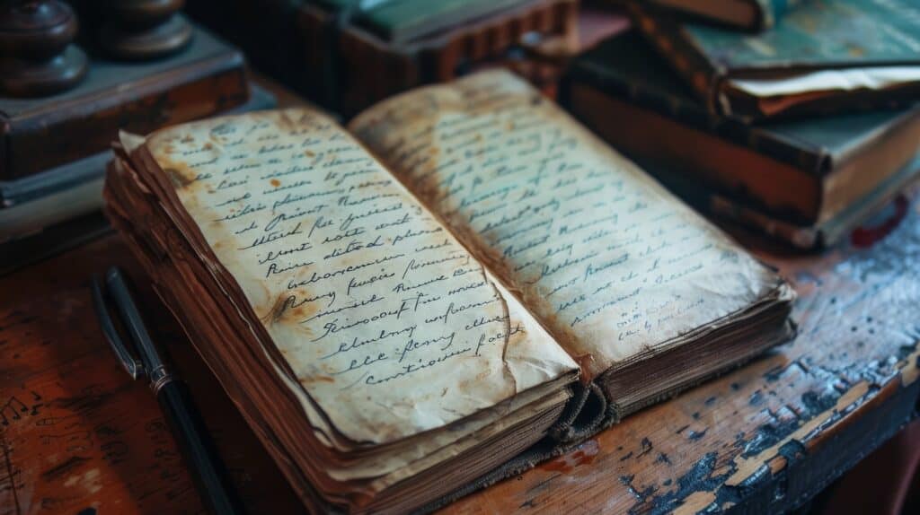 An open, tattered journal on an well-worn desk.