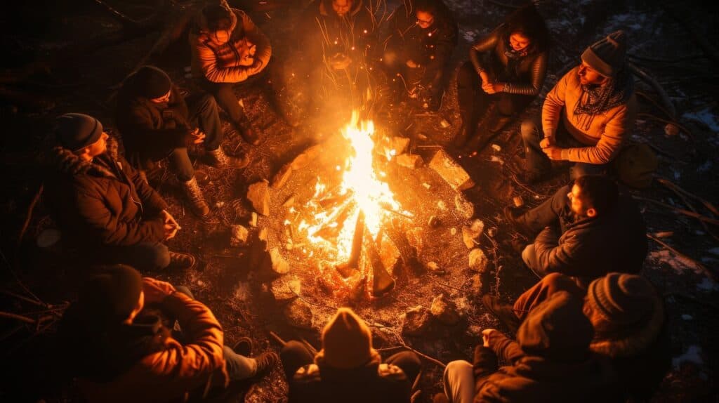 An overhead shot of a group of friends gathered around a campfire.