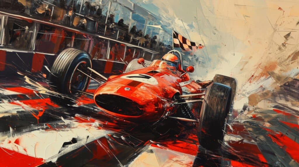A painting of a red indy type racecar crossing the finish line symbolizing celebrating victories in recovery.
