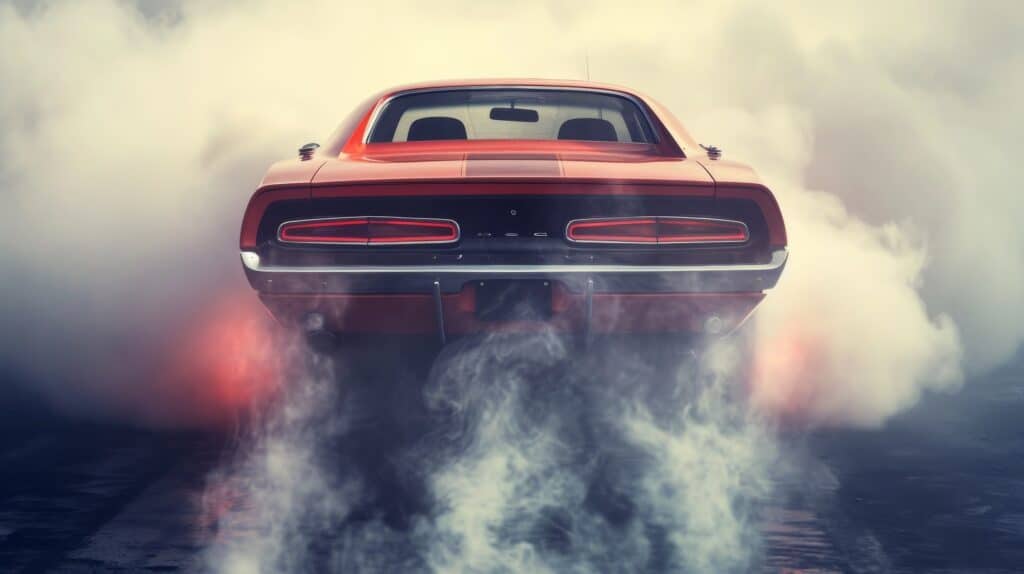 The back view of a muscle car in cloud of smoke from spinning its tires taking off from the starting line.