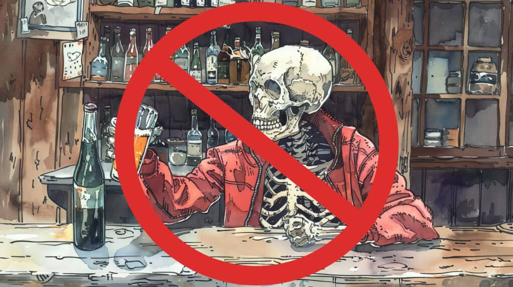 A watercolor style painting of a skeleton drinking beer at a bar. There is red circle with a diagonal line - do not symbol over skeleton.