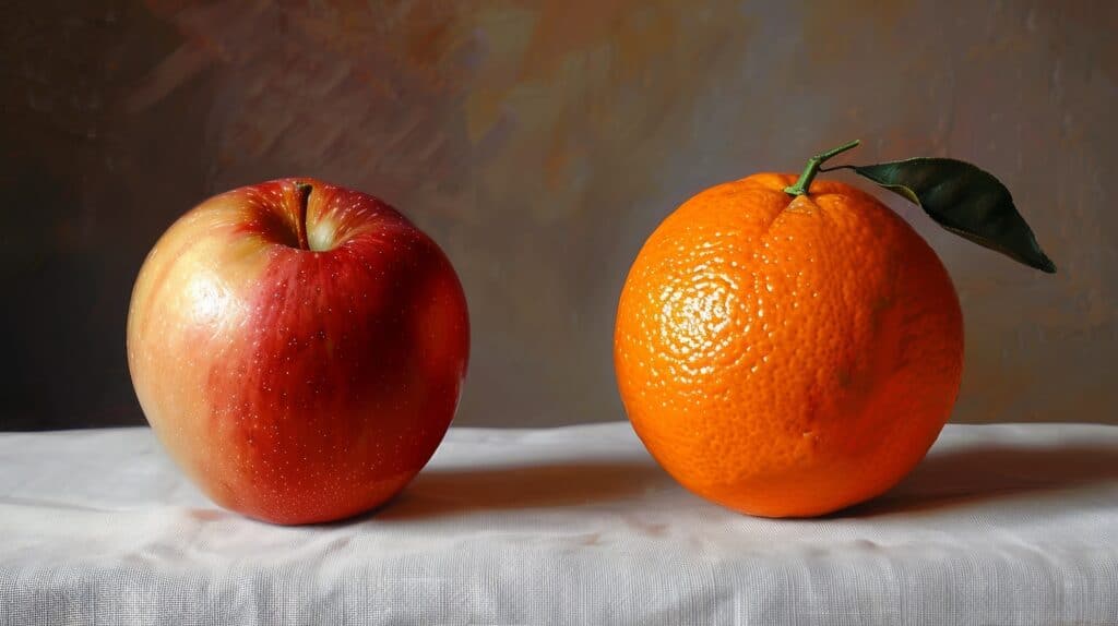 A close up an apple and an orange on a table. Symbolizes the differences between SMART recovery and AA.