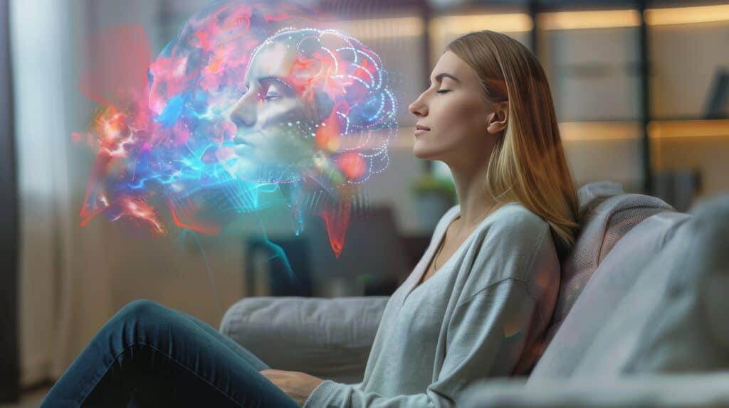A young woman sitting on a couch. A computer generated image of her face and brain are in front of her face representing cognitive behavioral therapy in addiction recovery.