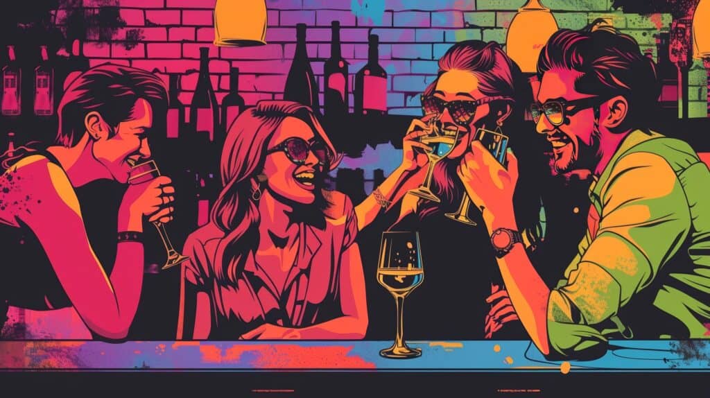A pop-art style depiction of a group of friends drinking alcohol at a bar. Symbolizes that relationships that are risky to recovery should be ended.