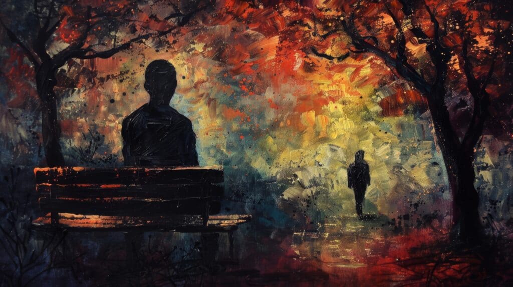 A dramatic painting with dark colors and visible brushstrokes of a man sitting on a park bench watching as his partner walks away. Symbolizes that some relationships cannot be repaired in addiction recovery.