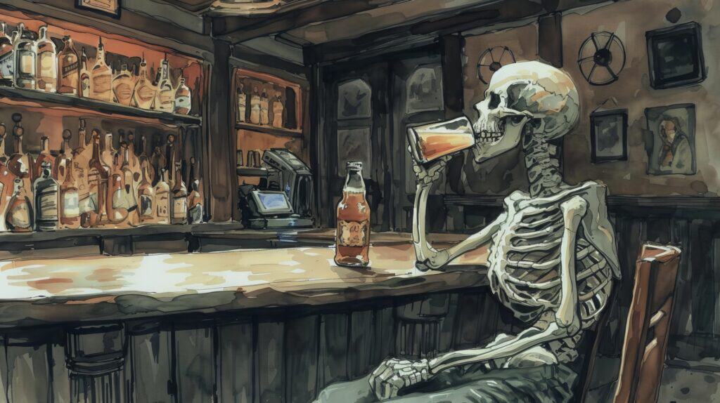 A watercolor painting of a skeleton drinking beer at a bar symbolizing relapse in recovery.