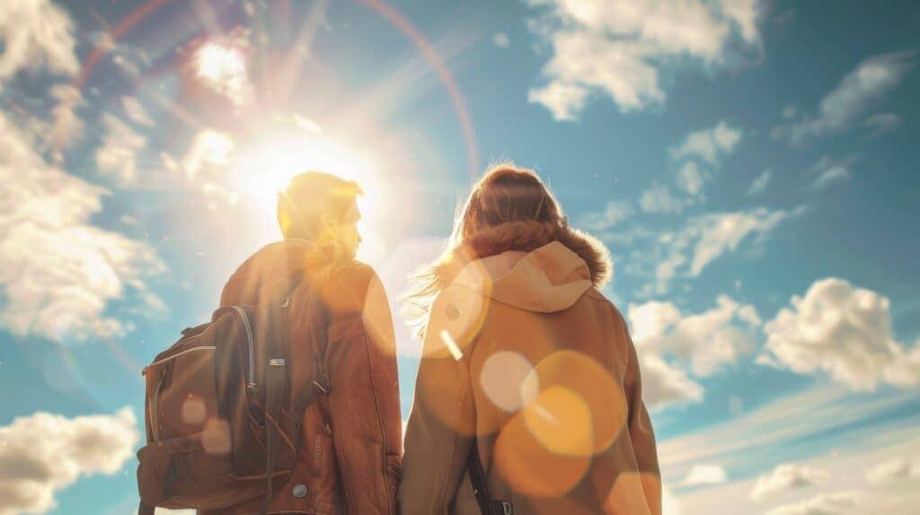The rear view of a man and woman who are best friends. Standing close together under a bright sunny sky.